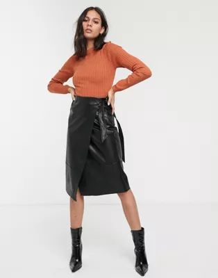 Monki wrap midi leather look skirt in black | ASOS (Global)