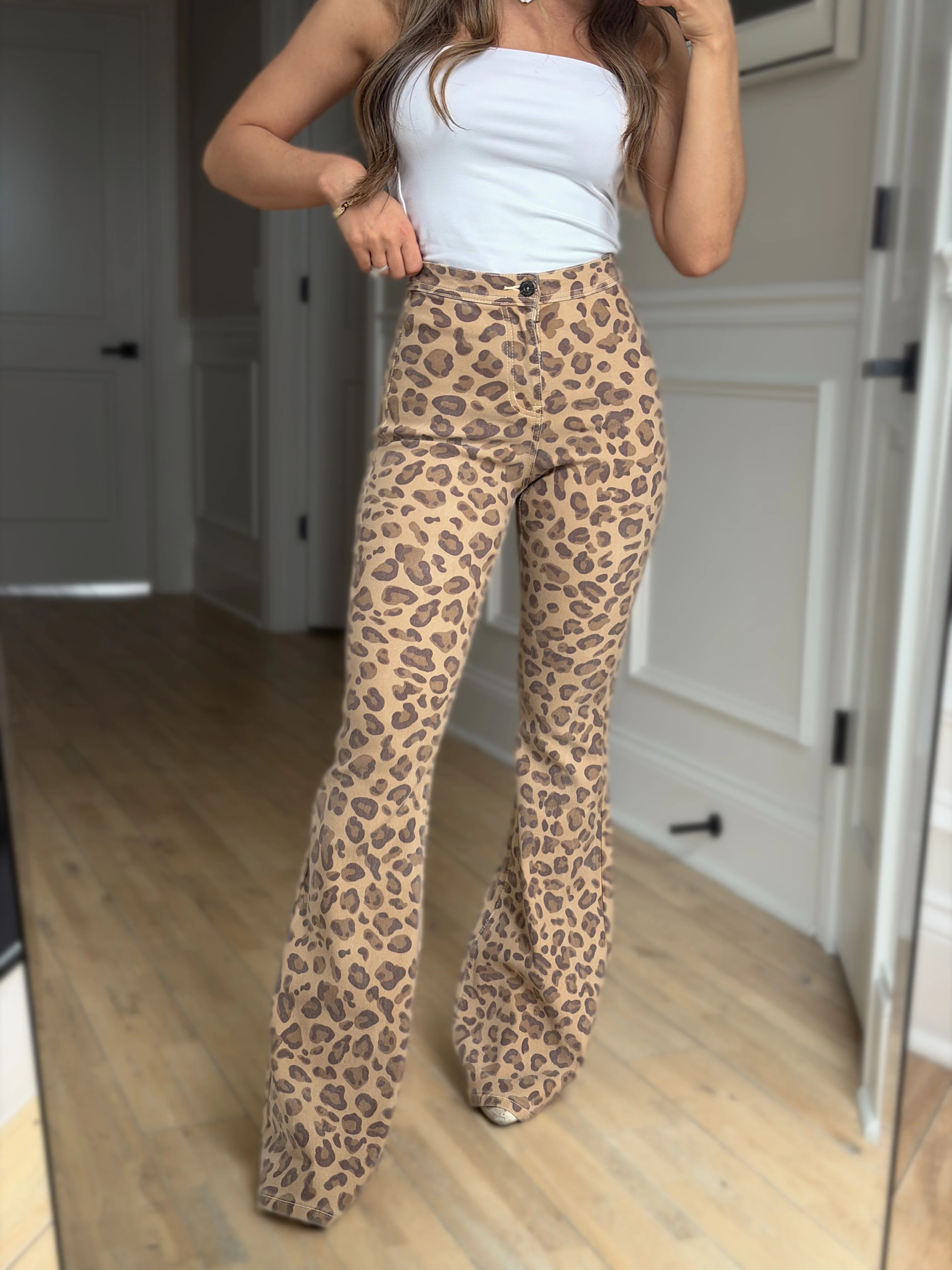 Fiona High Waisted Bell Bottom Flare Jeans - Light Brown Leopard | Willow Boutique