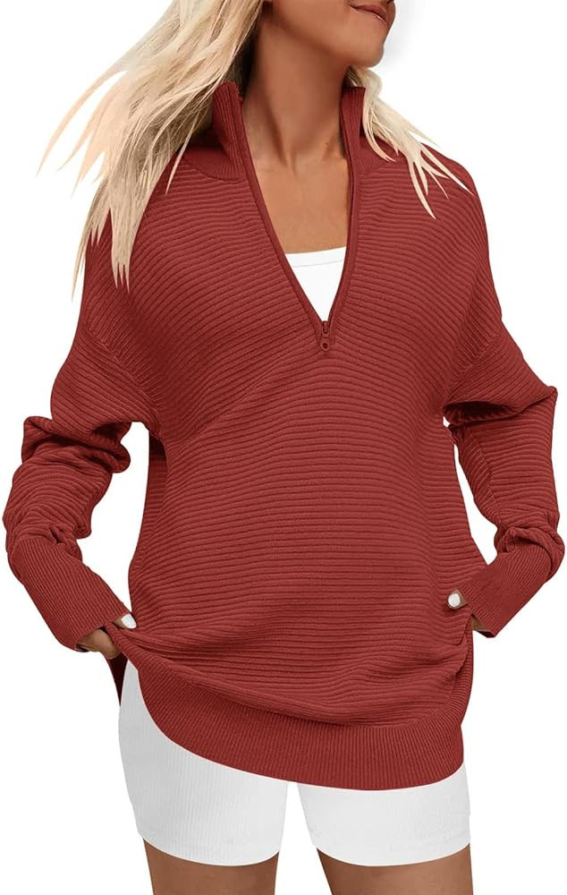 DEEP SELF Fall Women V Neck 1/4 Zip Pullover Stretch Sweater Long Sleeve Stand Collared Ribbed Kn... | Amazon (US)