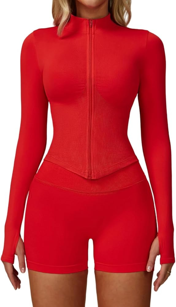 Yknktstc Women Workout Jacket Full Zip Athletic Tops Cropped Shirt with Thumbholes Quick Dry Runn... | Amazon (US)
