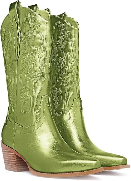 GOSERCE Western Cowboy Mid Wide Calf Boots Pull-Up Tabs Embroidered Sparkly Glitter Metallic Cowg... | Amazon (US)