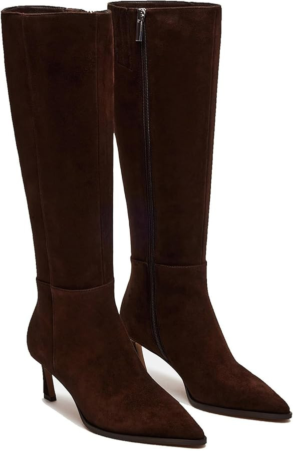 MICIFA Burgundy Kitten Heel Knee High Boots for Women Side Zipper Tall Leather Boots Pointed Toe ... | Amazon (US)