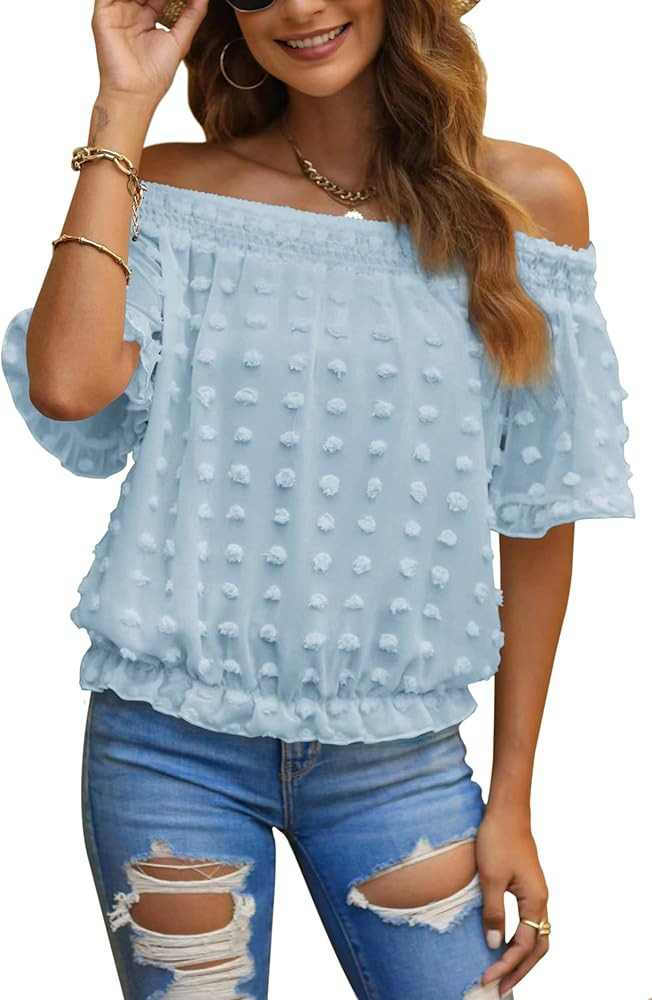 Kaqonal Women's Off The Shoulder Swiss Dot Blouse Summer Bell Sleeve Pom Pom Tops | Amazon (US)