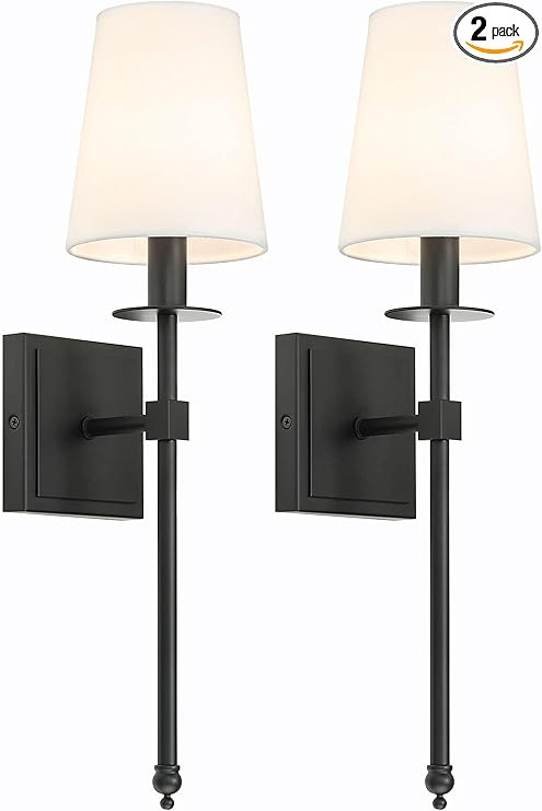 XiNBEi Lighting Black Wall Sconces Set of 2, Classic Sconces Wall Lighting with Flared White Fabr... | Amazon (US)
