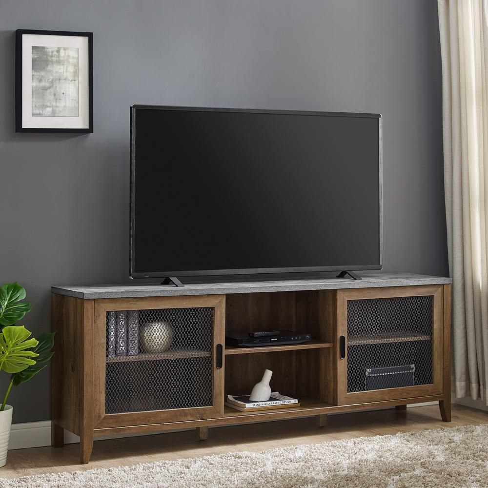 Welwick Designs 70 in. Dark Concrete and Reclaimed Barnwood Composite TV Stand Fits TVs Up to 78 ... | The Home Depot
