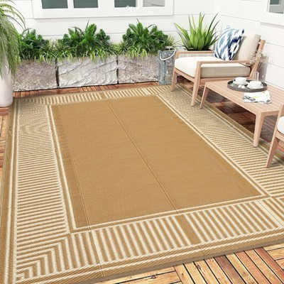RONSHIN Outdoor Rug, Waterproof Rug Plastic Straw Rug, Outdoor Patio Rugs Reversible Portable Rugs for RV Porch Balcony Patio, 9'x12', Line Beige | Target