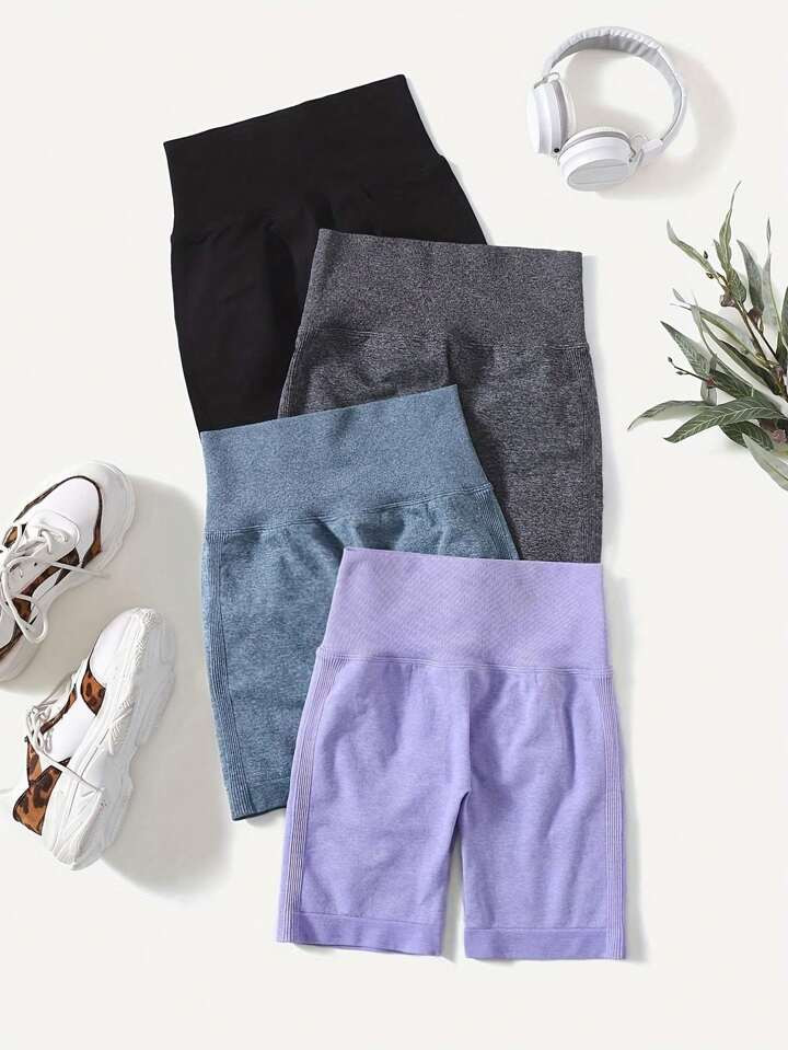 Women 4pcs Solid Color High-Waisted Simple Casual Sports Shorts Spandex Shorts | SHEIN