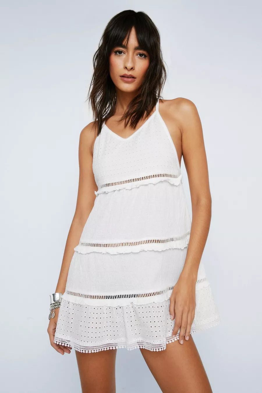 Broderie And Lace Mix Cross Back Cami Dress | Nasty Gal (US)