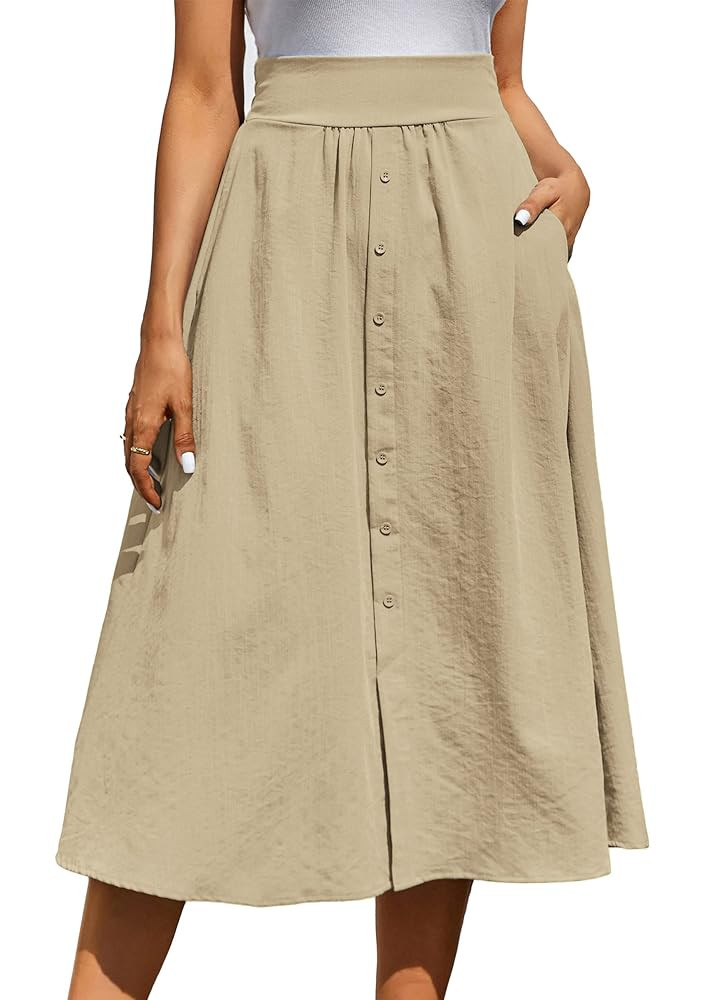 Kate Kasin Women's High Waist Midi Skirt Vintage Elastic A-Line Pleated Button Skirts with Pocket... | Amazon (US)