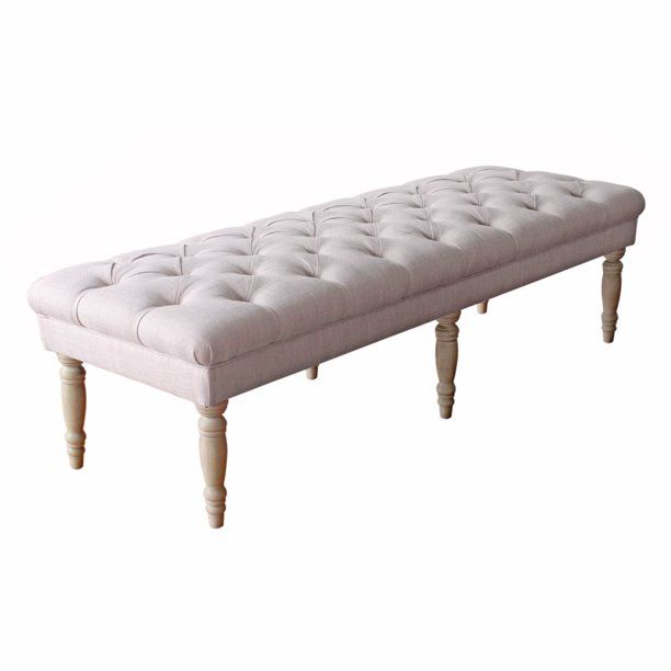 Wooden Bench with Button Tufted Fabric Upholstered Seat and Turned Legs, Cream - Walmart.com | Walmart (US)