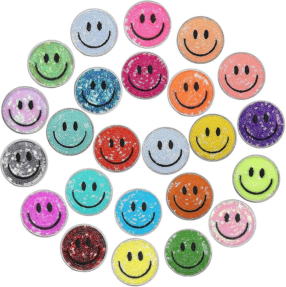 24 Pcs Smile Face Patch Iron on Patches 2 Inch Chenille Cute Preppy Happy Face Patches Glitter He... | Amazon (US)