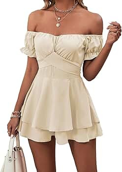 LYANER Women's Off Shoulder Wrap Tie Up Back Ruffle Short Sleeve Romper Short Jumpsuit | Amazon (US)