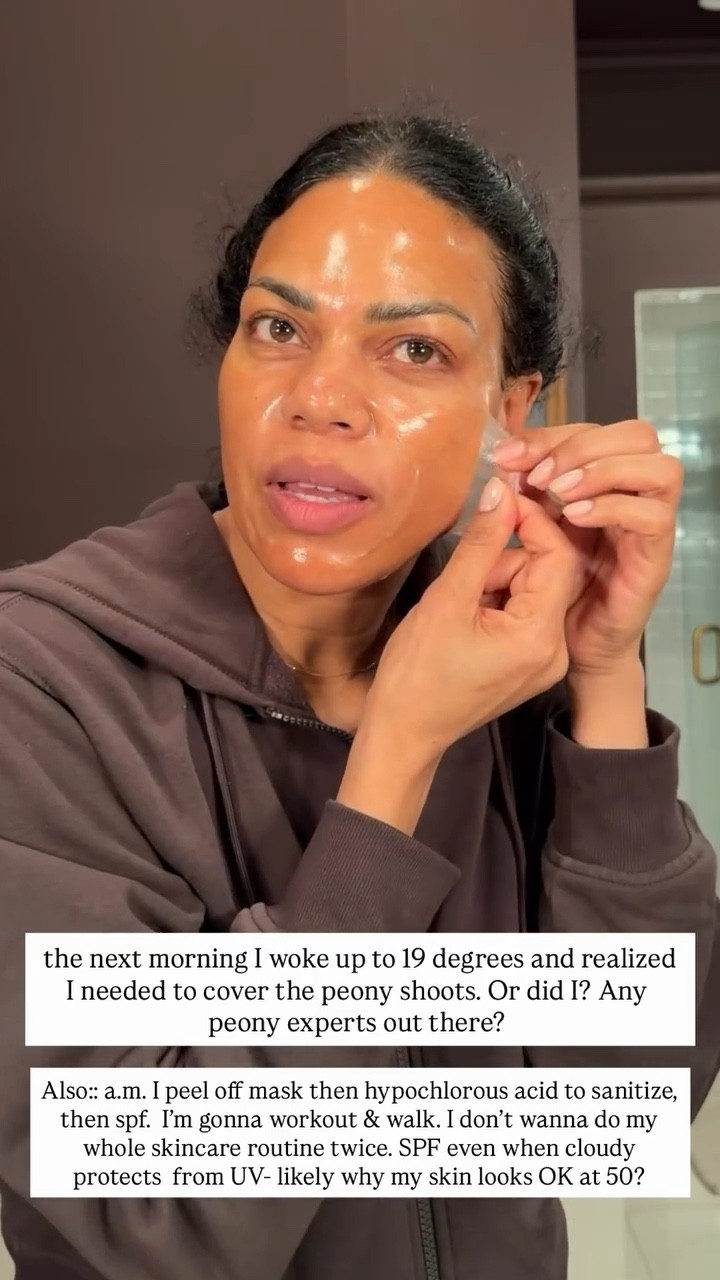 A.m. I peel off mask then hypochlorous acid to sanitize, then spf. I'm gonna workout & walk. I don't wanna do my whole skincare routine twice. SPF even when cloudy protects from UV- likely why my skin looks OK at 50?

#LTKselfcare #LTKBeauty #LTKmorningroutine