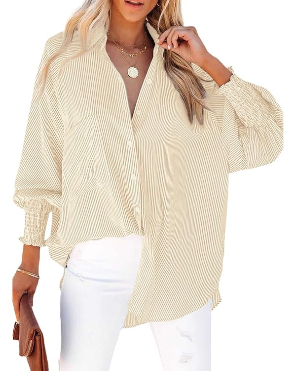 Women's Smocked Cuffed Striped Boyfriend Shirt with Pocket Casual Collar Long Sleeve Blouse Tops ... | Amazon (US)