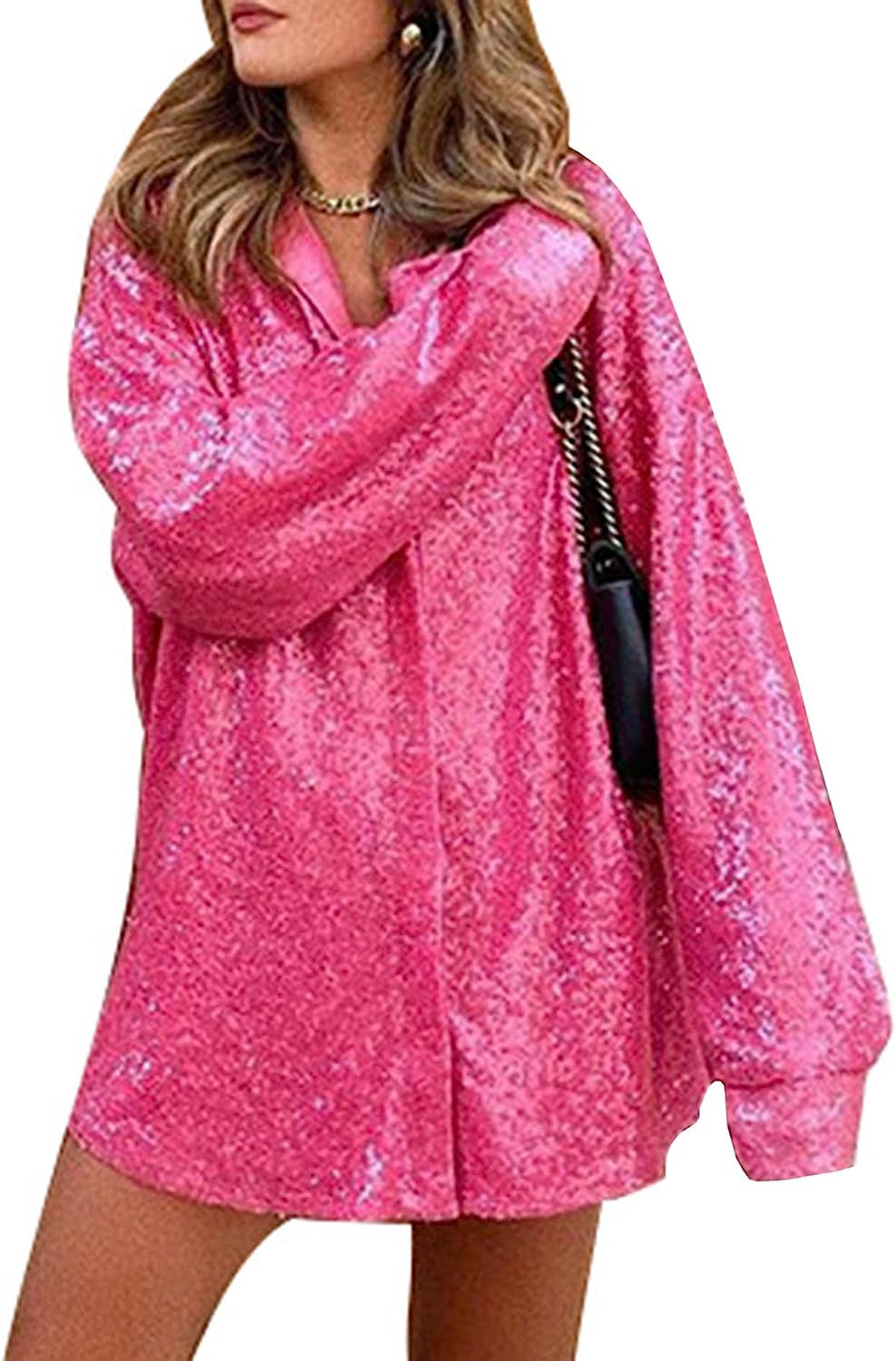 SEMATOMALA Women's Sequin Collared V Neck Button Down Casual Long Sleeve Mini Shirt Dress Sparkle... | Amazon (US)