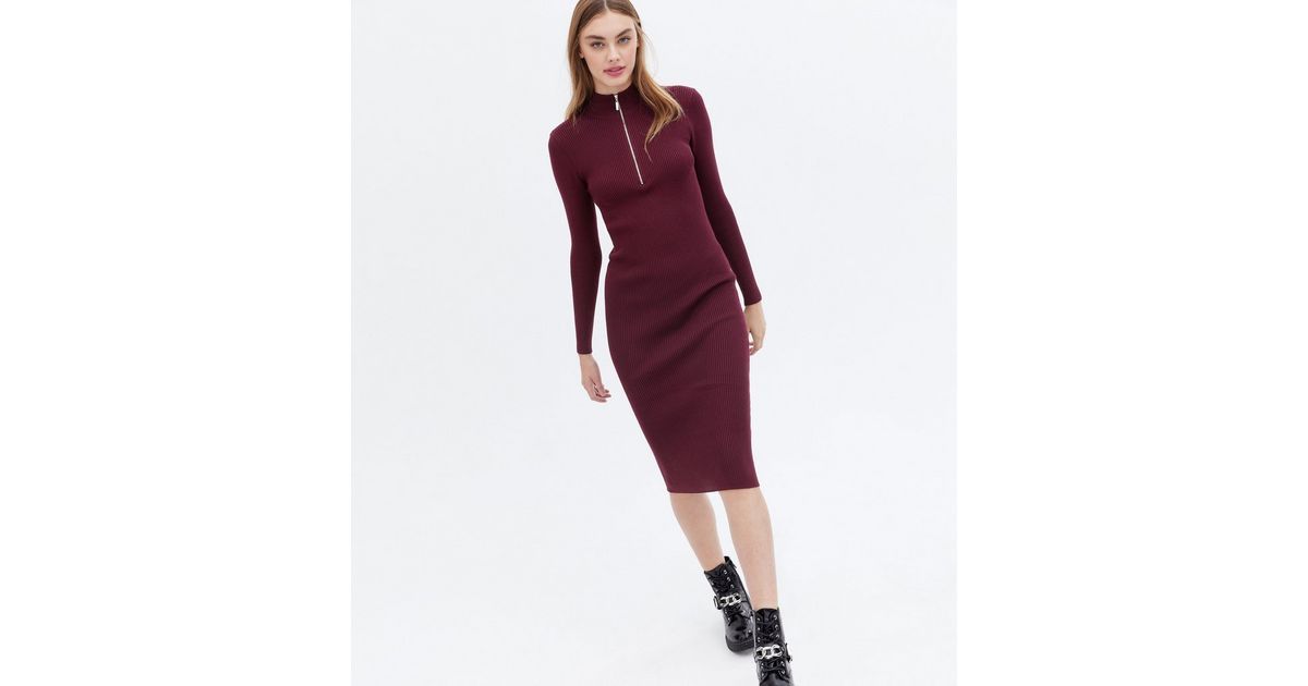 Burgundy Ribbed Knit Zip High Neck Midi Dress
						
						Add to Saved Items
						Remove from S... | New Look (UK)