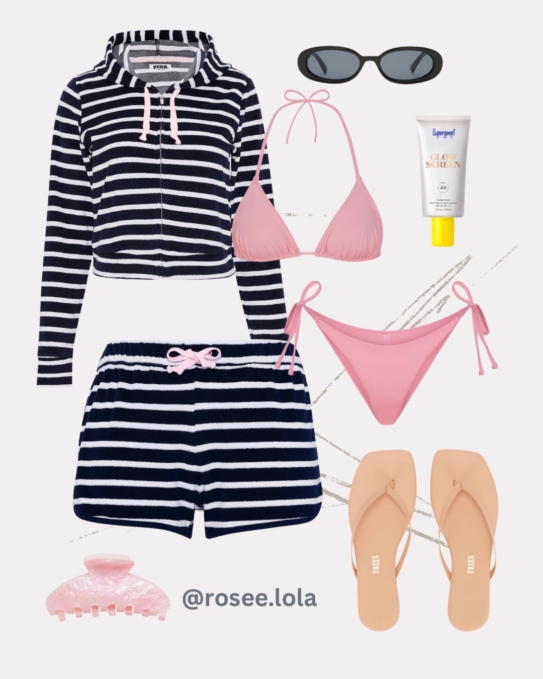 Easy summer lounge look you’ll live in 🌸✨ Terry cloth striped set from Victoria’s Secret (comes in multiple colors!) layered over a bright melon bikini from Skims. Paired with staple sandals from TKEES, classic black sunnies, and an Emi Jay claw clip—an essential for beach days! @ulta @victoriassecret @Revolve 

#LTKgrwm #LTKootd #LTKSwim