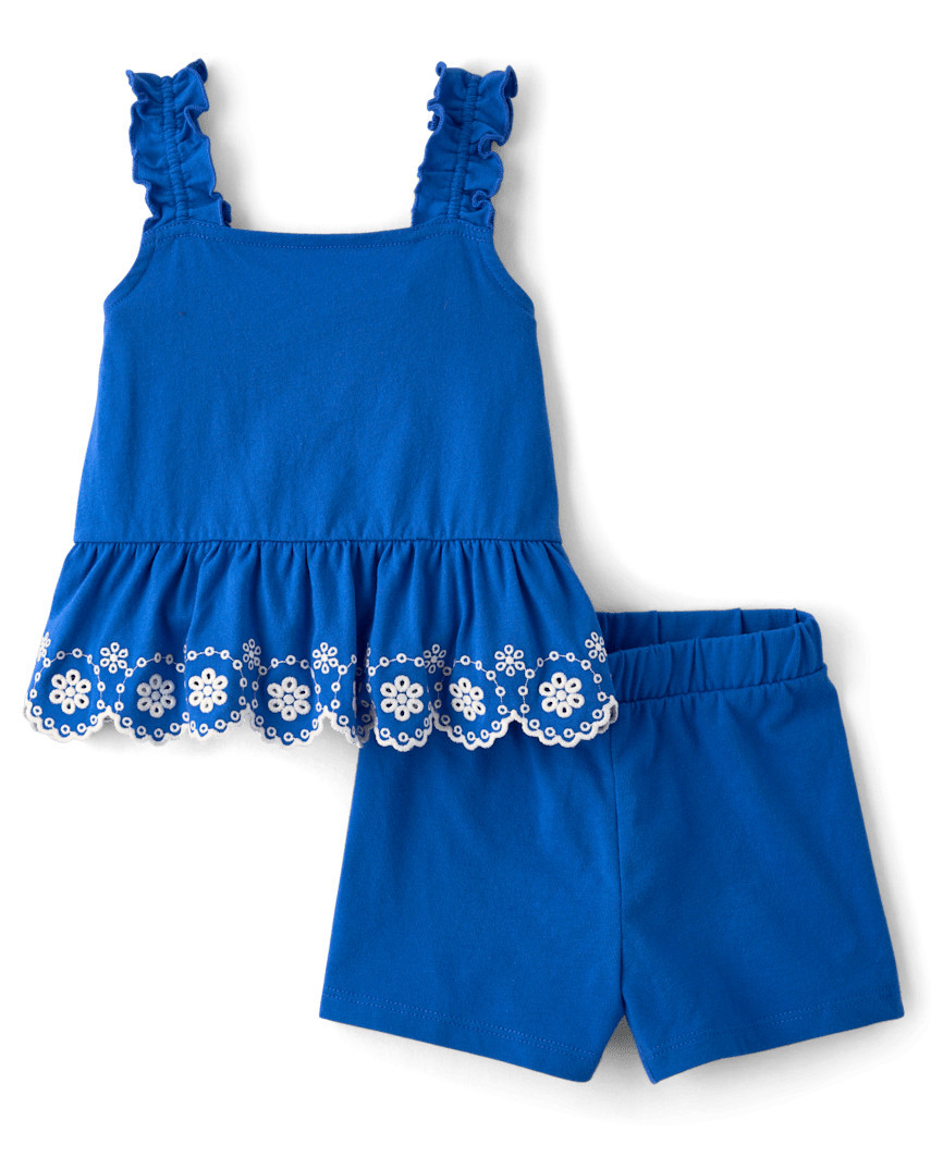 The Children's Place Toddler Girls Embroidered Eyelet 2-Piece Outfit Set | Size 12-18 M | Blue | Cotton/Polyester | The Children's Place