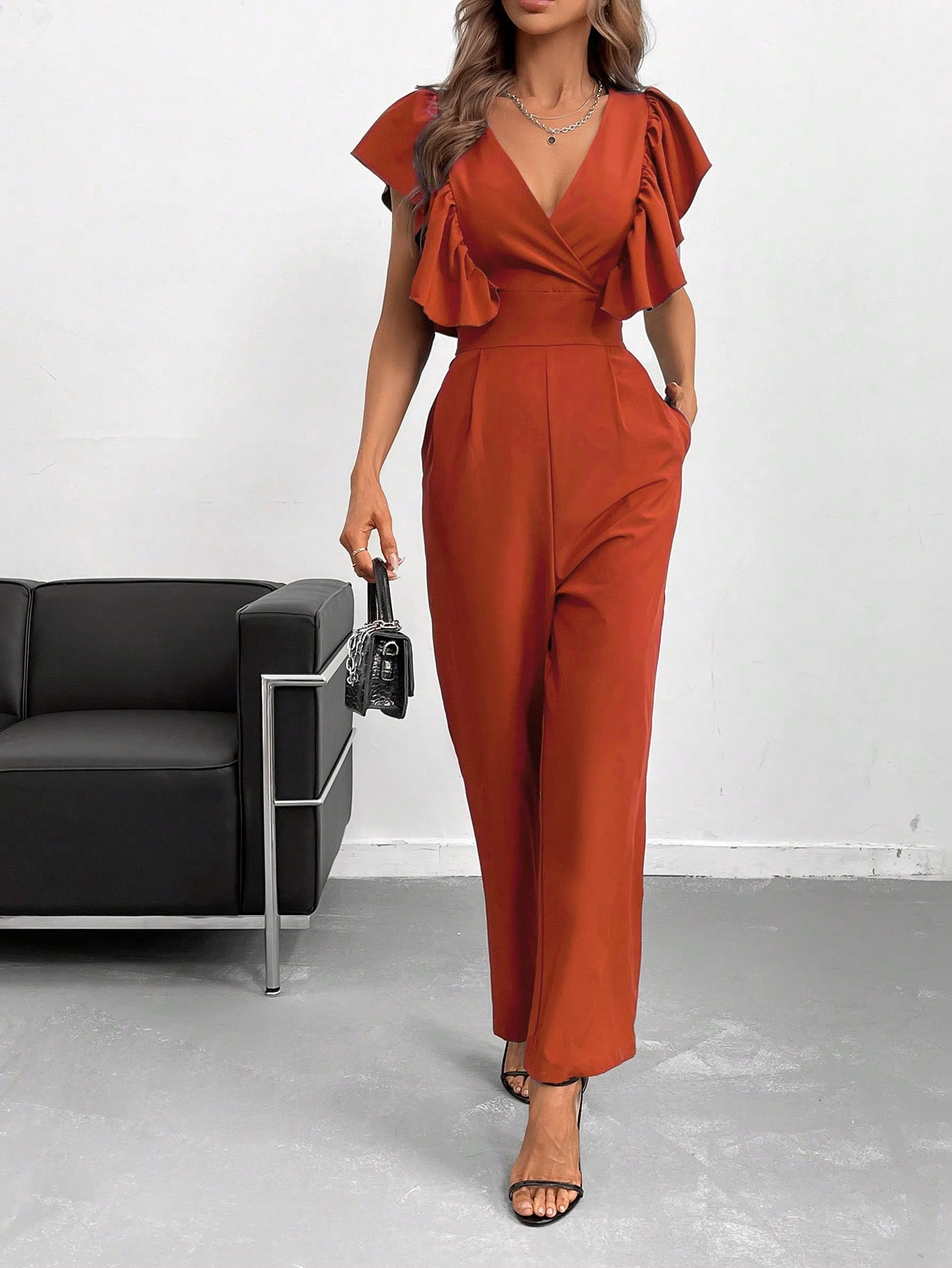 SHEIN BIZwear Solid Ruffle Trim Slant Pocket Jumpsuit Workwear | SHEIN