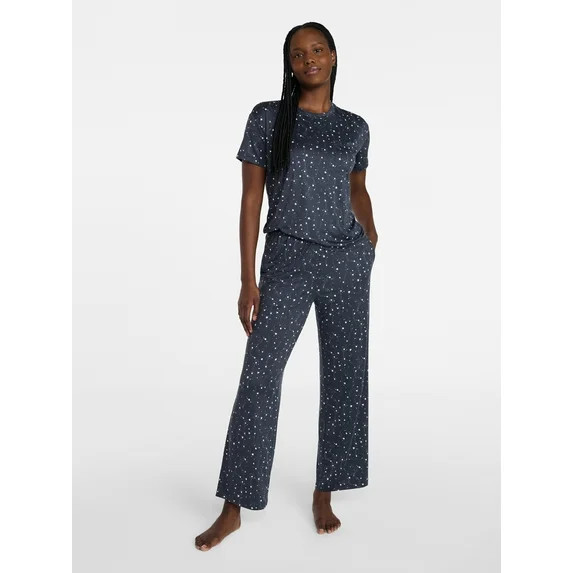 Joyspun Women's Dreamy Soft Collection Short Sleeve Sleep Top and Open Leg Pants Pajama Set, 2-Pi... | Walmart (US)