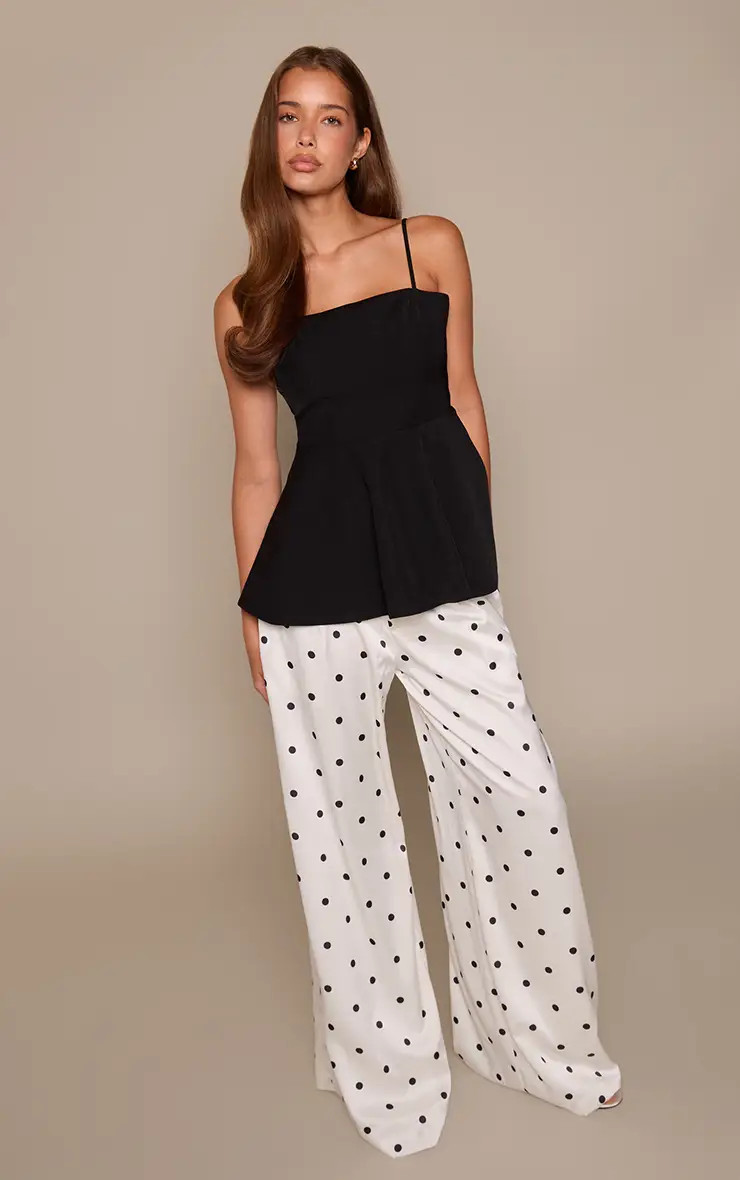 Cream Polka Dot Satin Wide Leg Trousers | PrettyLittleThing US