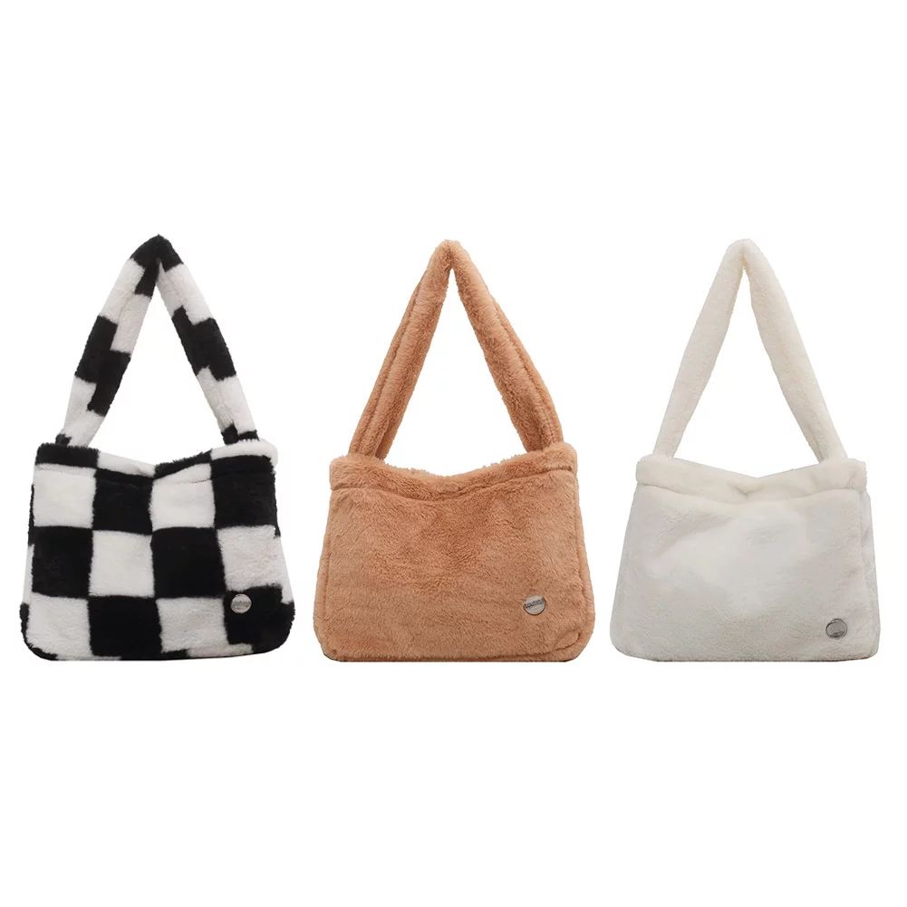 Xewsqmlo Women Plush Checkerboard Handbag Large Shoulder Bag (Black Lattice) | Walmart (US)