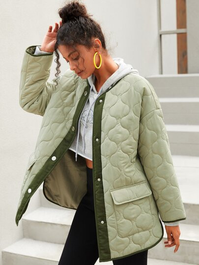 SHEIN Flap Pocket Drop Shoulder Quilted Coat | SHEIN