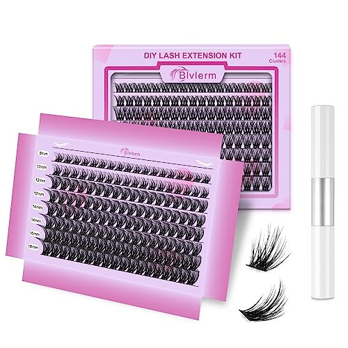 DIY Lash Extension Kit 144pcs Cluster Lashes Individual Eyelash Extension with Super Thin Band 8-16mm Mixed Tray D Curl Soft Fluffy False Eyelashes Natural Look with Glue for Self Application at Home | Amazon (US)