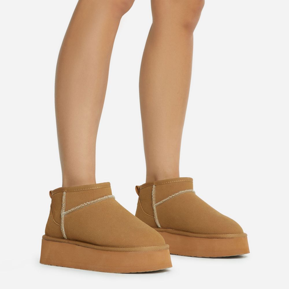 Pumpkin Platform Sole Faux Fur Lining Ultra Mini Ankle Boot In Chestnut Faux Suede | Ego Shoes (UK)