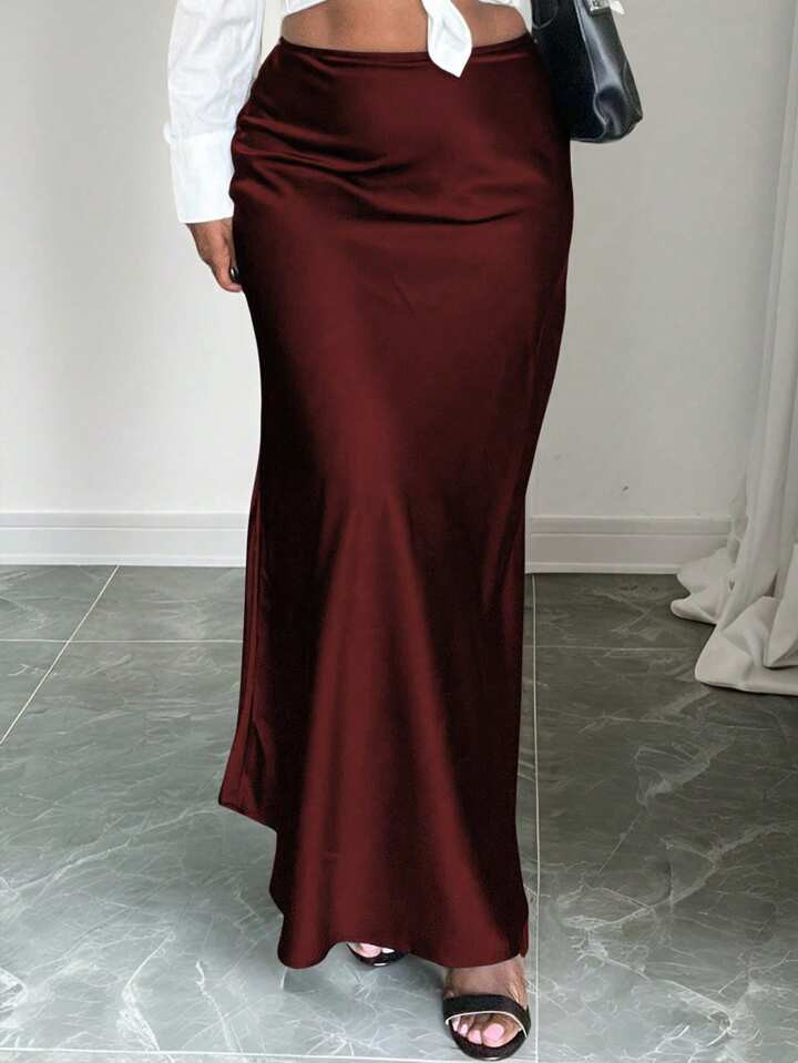 Celure Plus Size Women Regular Solid Color High Waist Long Satin Skirt | SHEIN