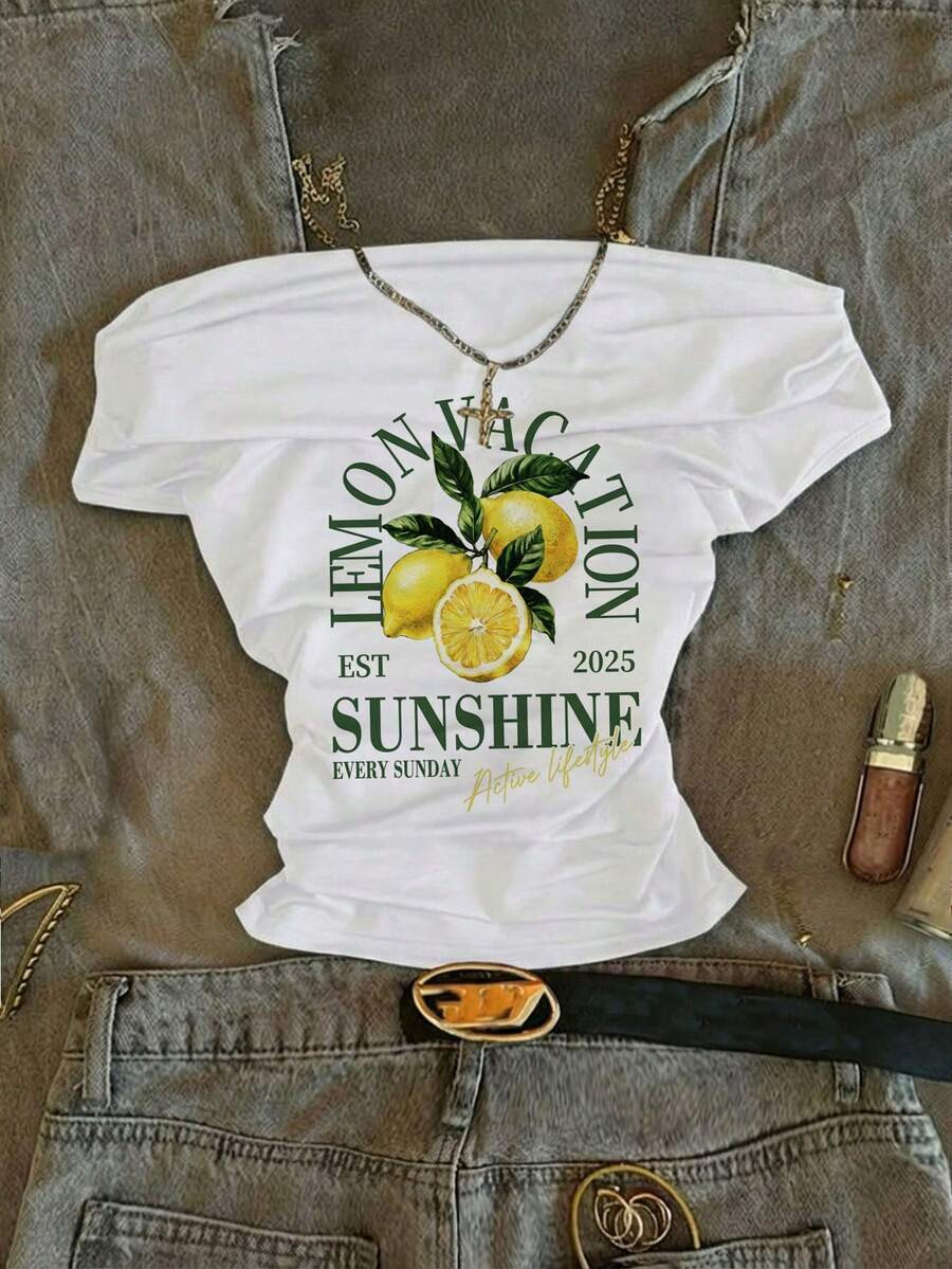 Attitoon Plus Size Women Letter Lemon Print Casual Minimalist Off-Shoulder T-Shirt Holiday Vacati... | SHEIN