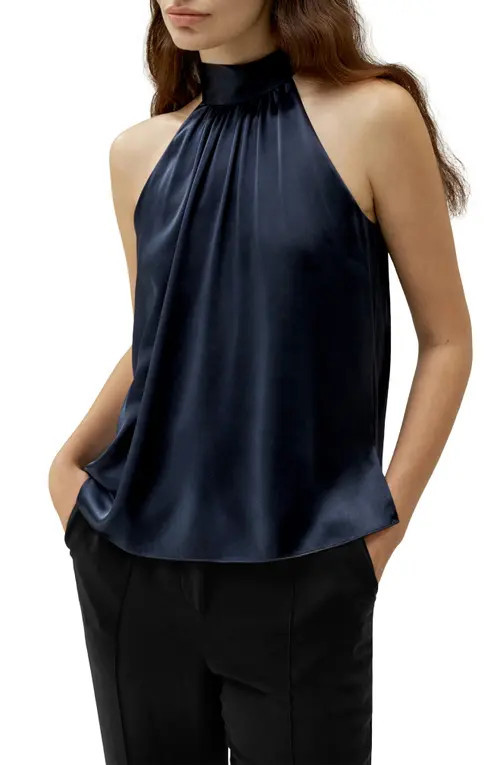 Lilysilk Minimalistic Allure Silk Halter Top in Navy Blue at Nordstrom, Size Large | Nordstrom