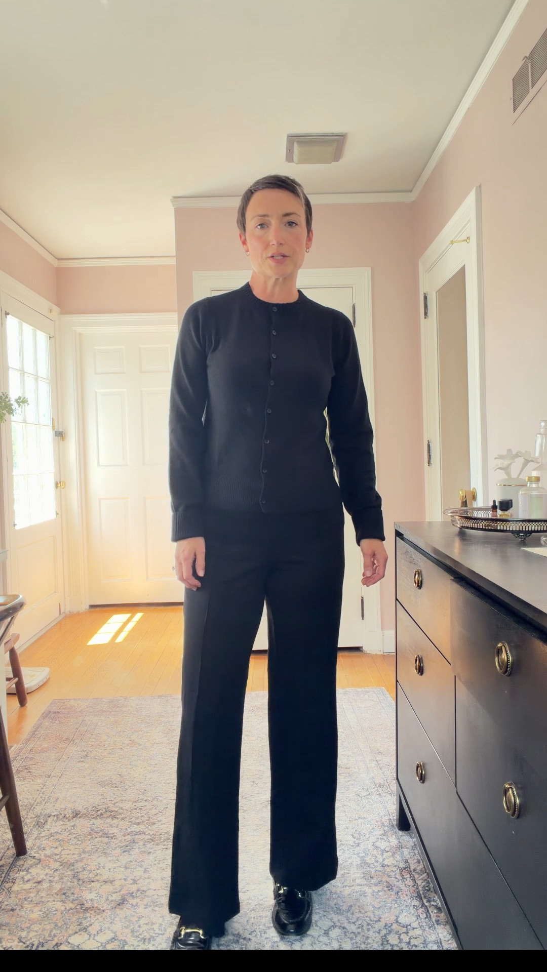 Can’t go wrong with black basics!  The pants have a really nice straight wide leg. I got the regular length and I’m 5’ 9” 
Medium in the pants and Medium Tall in the cardigan.

#LTKOver40 #LTKTall