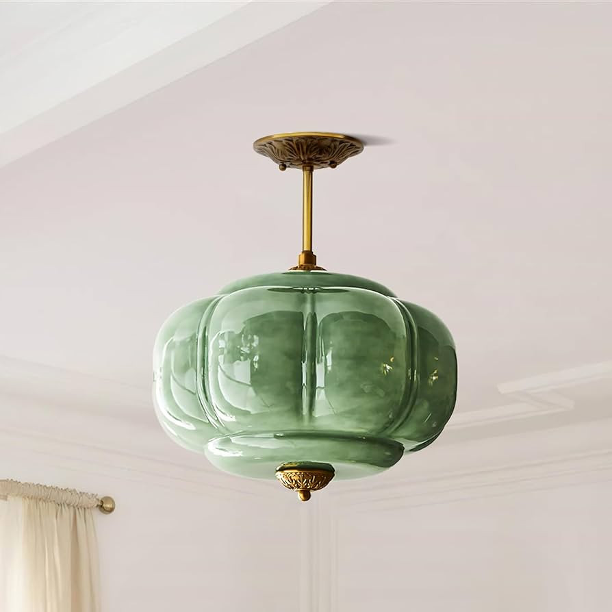Milk Green Glass Retro Semi-Flush Mount - Antique Brass Semi Flush Mount Pendant Light for Kitche... | Amazon (US)