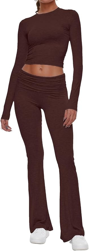 AnotherChill Women's 2 Piece Lounge Sets Fold-over Flare Pants Set Long Sleeve Cropped Top Casual... | Amazon (US)