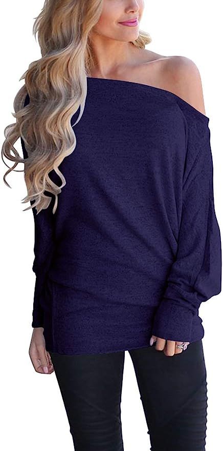 INFITTY Women's Off Shoulder Loose Pullover Sweater Batwing Sleeve Knit Jumper Oversized Tunics T... | Amazon (US)