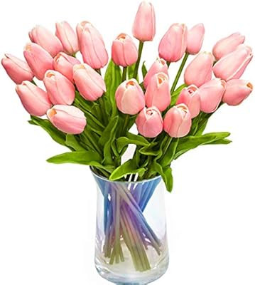 JOEJISN 30pcs Artificial Tulips Flowers Real Touch Pink Tulips Fake Holland PU Tulip Bouquet Late... | Amazon (US)