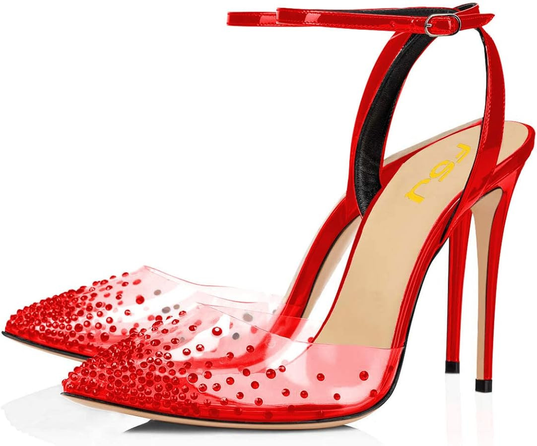 FSJ Women Pencil High Heel Spikes Studded Sandal Slip On D'Orsay Evening Pump Ankle Strap Clear B... | Amazon (US)