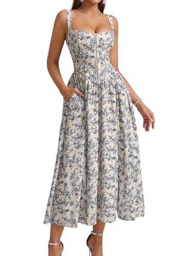 KUTUMAI Floral Corset Midi Dress Flowy Slit Summer Spring Wedding Guest Dresses for Women Sundres... | Amazon (US)
