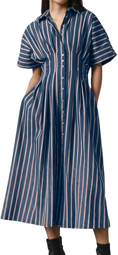chouyatou Women's Contrast Color Striped Shirt Dress Pleated Button Down Maxi Long Tunic Dress | Amazon (US)