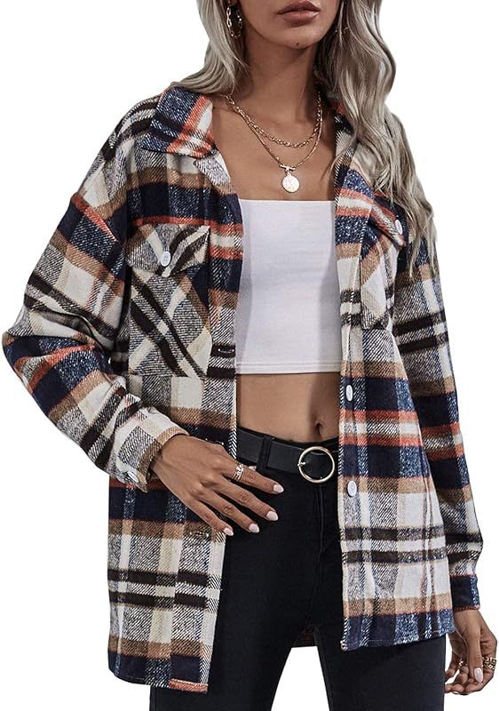 Locachy Women's Casual Wool Blend Lapel Button Down Long Sleeve Plaid Shirt Jacket Shacket | Amazon (US)