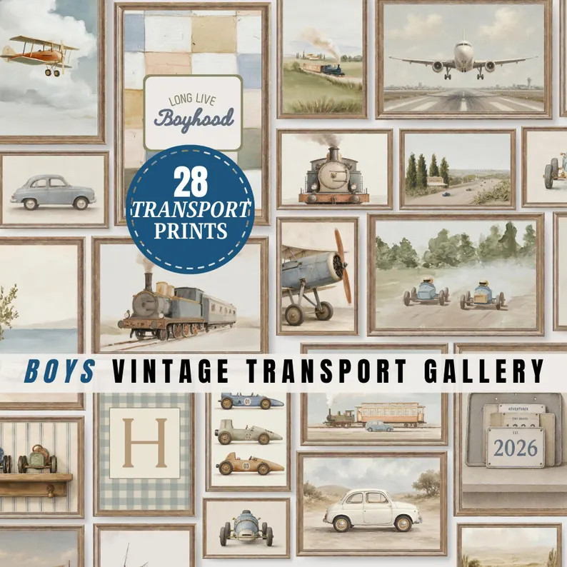 Vintage Boys Transport Gallery Wall Set of 28 Prints Cars Trains Planes Artwork for Boy Nursery R... | Etsy (Global)