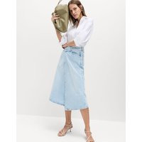 M&S Pure Cotton Denim Asymmetric Midi Wrap Skirt - 10 - Light Indigo, Light Indigo | Marks & Spencer IE