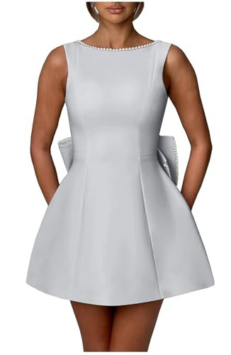 Sevintage Silver Homecoming Dress,Silver Homecoming Dresses Plus Size with Bow Pearl Corset Satin Short Dress Cocktail Gown Mini US24W | Amazon (US)