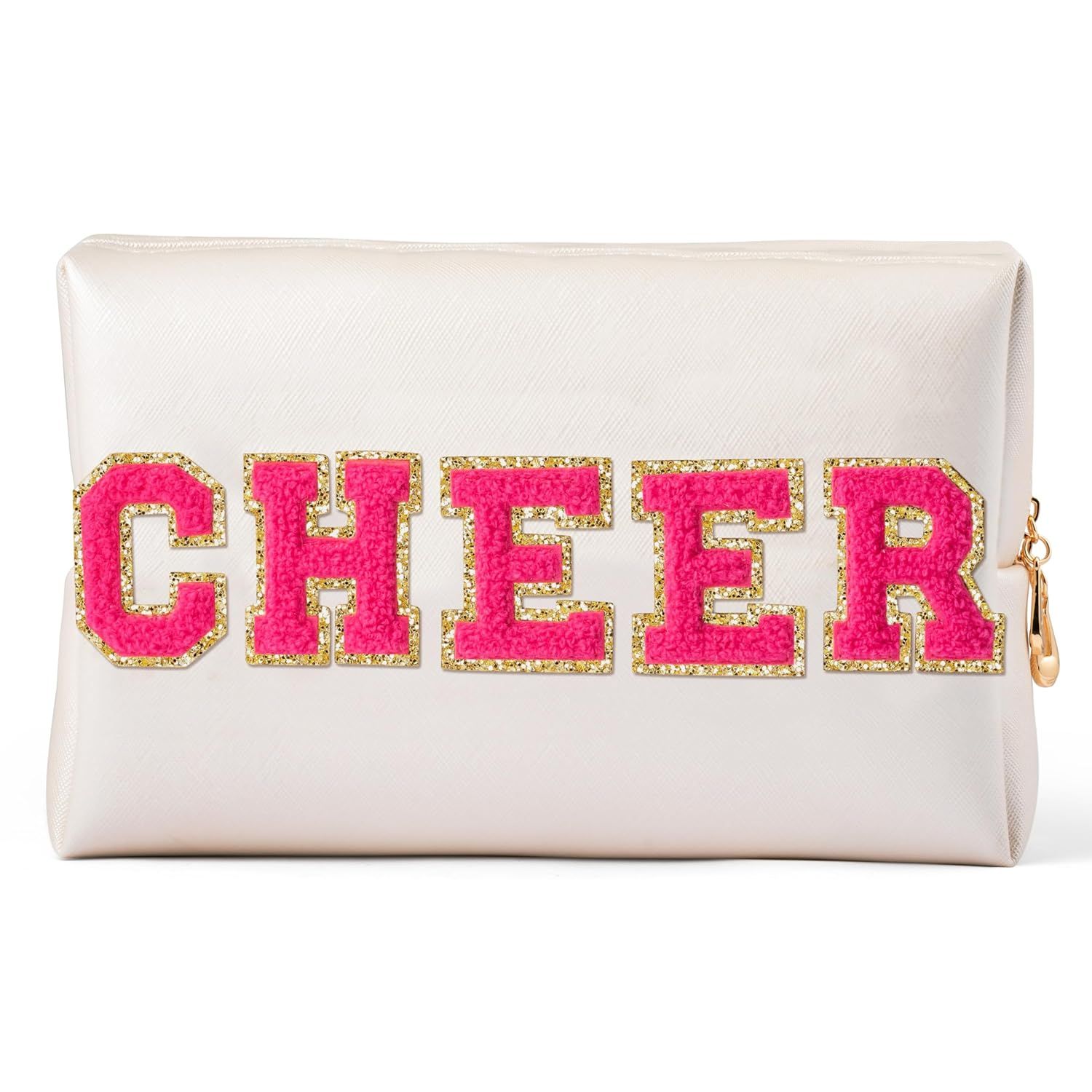 Y1tvei Preppy Patch CHEER Hot Pink Chenille Letter Extra Large Cosmetic Bag PU Leather Waterproof... | Amazon (US)