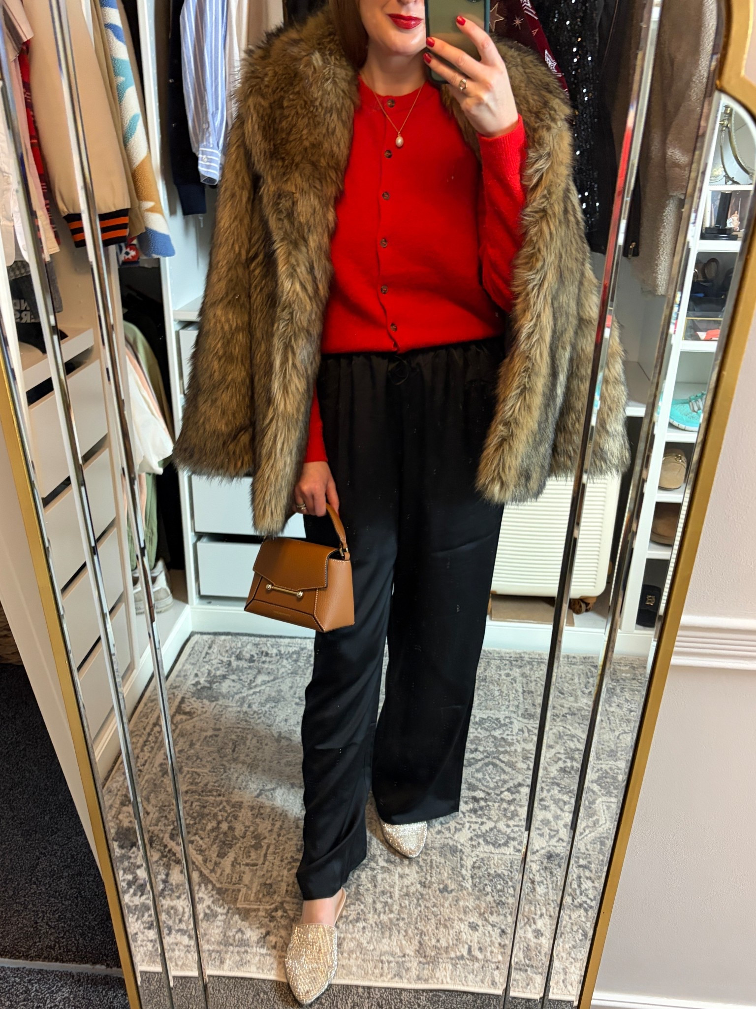 A classic and festive Christmas Day outfit that feels comfy and polished. H&M Red cardigan, Black Satin Trousers and Faux Fur Coat ♥️✨🎄 Wearing an XS in the red cardigan and a Small in the trousers. Red cardigan, red knitwear, partywear, satin trousers, Christmas drinks, holiday party outfit, date night outfit, Laura Ruth

#LTKfestive #LTKpartywear #LTKuk