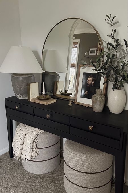 Black console table, Target console table, Studio McGee console table, Studio McGee decor, table lamp, gold arched mirror, gold accent mirror, table plant, framed art, decorative ottomans, throw blanket, gold candle holder, living room decor, entryway decor 

#LTKsalealert #LTKhome #LTKunder100