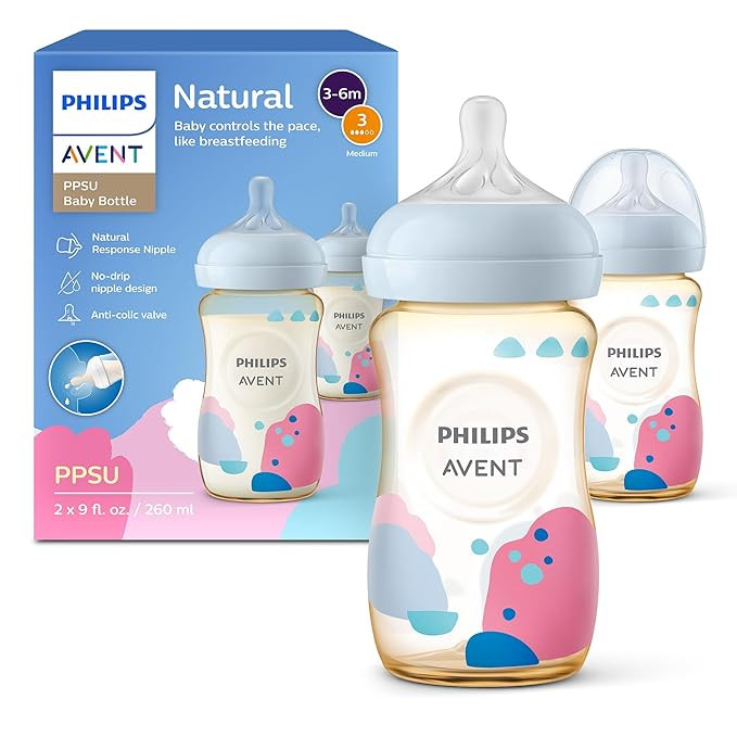 Philips Avent PPSU Natural Baby Bottles with Medium Flow Nipples (Flow 3), 9oz, with Decoration, ... | Amazon (US)