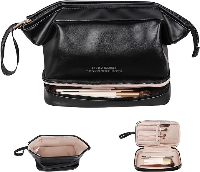 Abiudeng Large Makeup Bag,Double Layer Cosmetic Bag,Travel Makeup Bag,Leather Makeup Bag, Cosmeti... | Amazon (US)