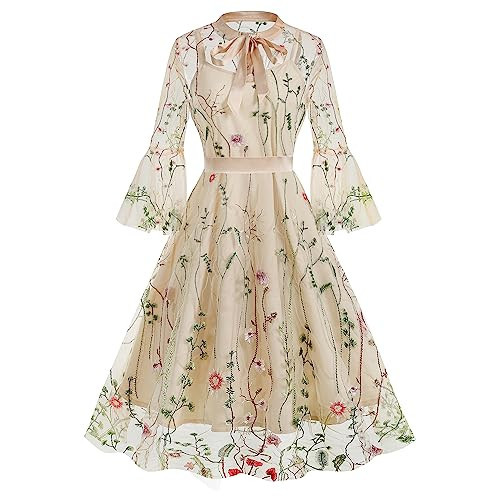 Bow Tie Neck Floral Embroidery Illusion Dress for Women Flower Embroidery Tulle Dress Floral Embroidered Prom Dresses Mesh 3/4 Sleeve Formal Evening Party Gowns Spaghetti Strap Under Dresses Apricot L | Amazon (US)